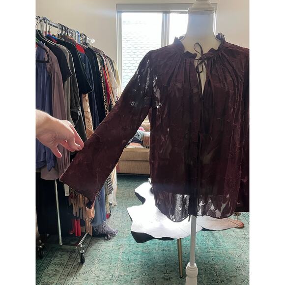 Dorothee Schumacher Burgundy Silk Lace Sheer Romance Tie Neck Blouse Top 4 $800 - Picture 9 of 16